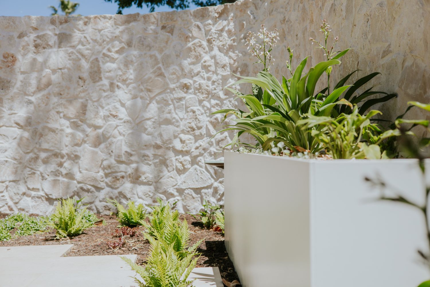 Rendered planter box against limestone walling