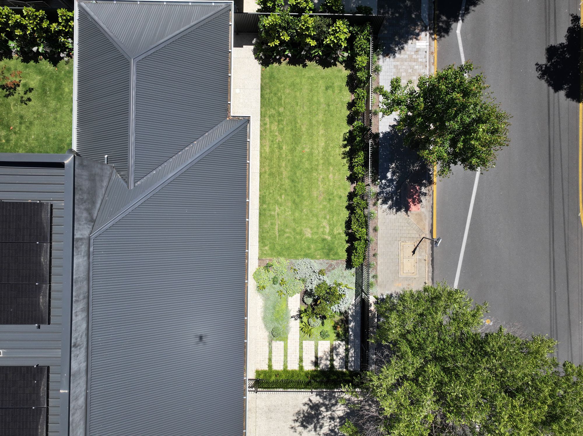 Aerial view of a landscaped commercial courtyard