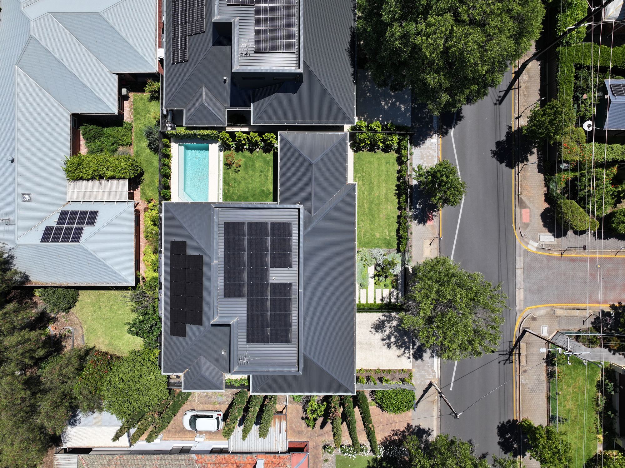 Aerial view of a completed residential development garden