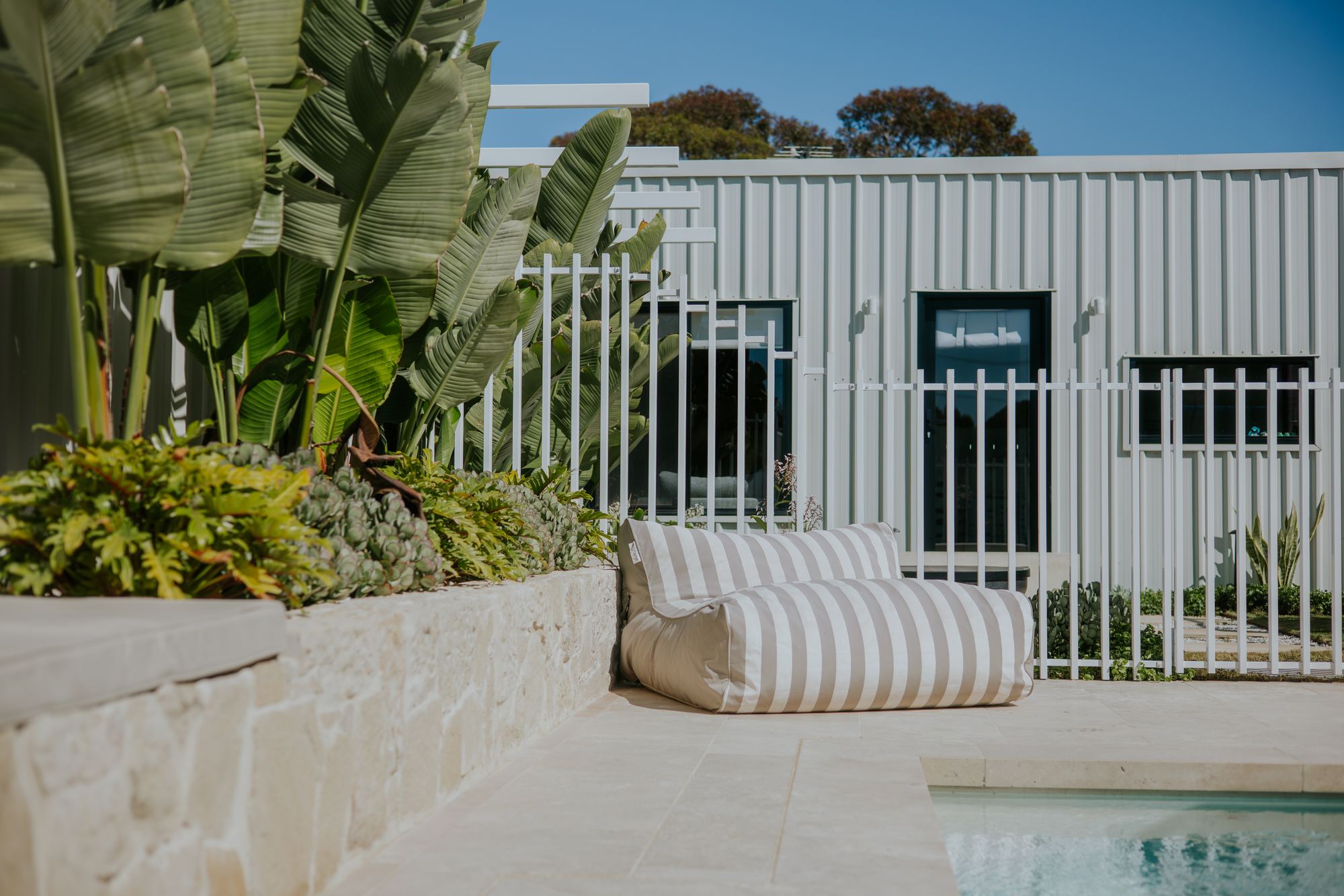 A coastal residential garden with pool and rendered walling